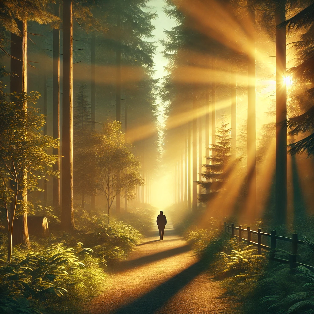 A person walking alone along a forest path at dawn, with golden rays of sunlight streaming through tall trees, creating a serene and spiritual atmosphere.
