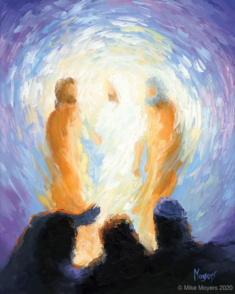 Artistic painting depicting the Transfiguration of Jesus, with three central figures surrounded by radiant light. Jesus stands in the center, glowing in white, between Moses and Elijah, while three disciples watch the scene in shadow at the bottom.