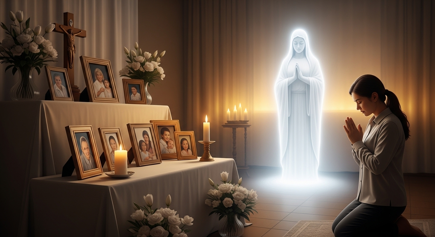 A woman kneels in prayer before an altar filled with framed photos of loved ones, white flowers, lit candles, and a crucifix. In front of her, a glowing spiritual figure with a peaceful expression and hands in prayer appears, symbolizing a divine or spiritual presence.