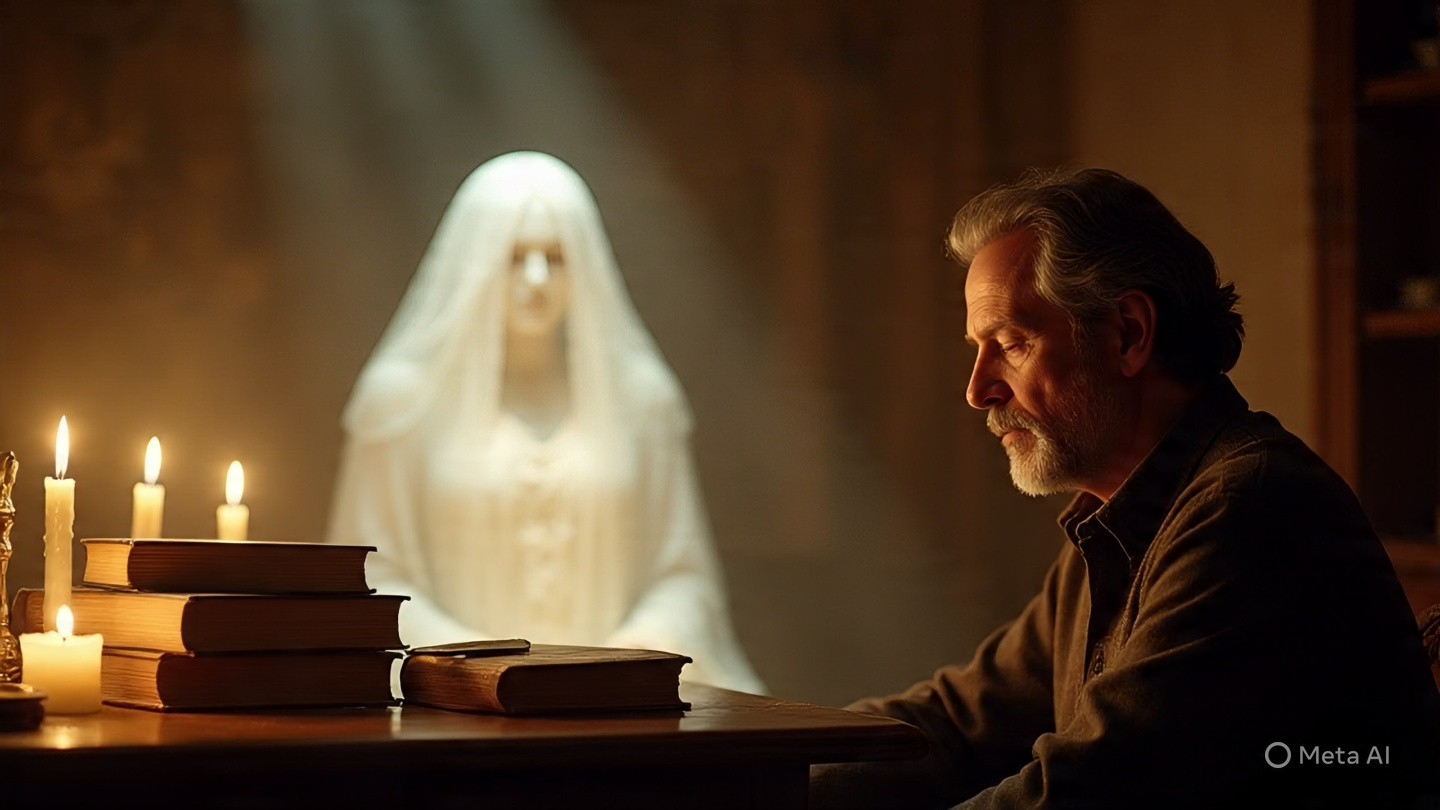 Thoughtful man sitting at a table with books and lit candles, while in the background a glowing woman in white appears, evoking a spiritual presence.