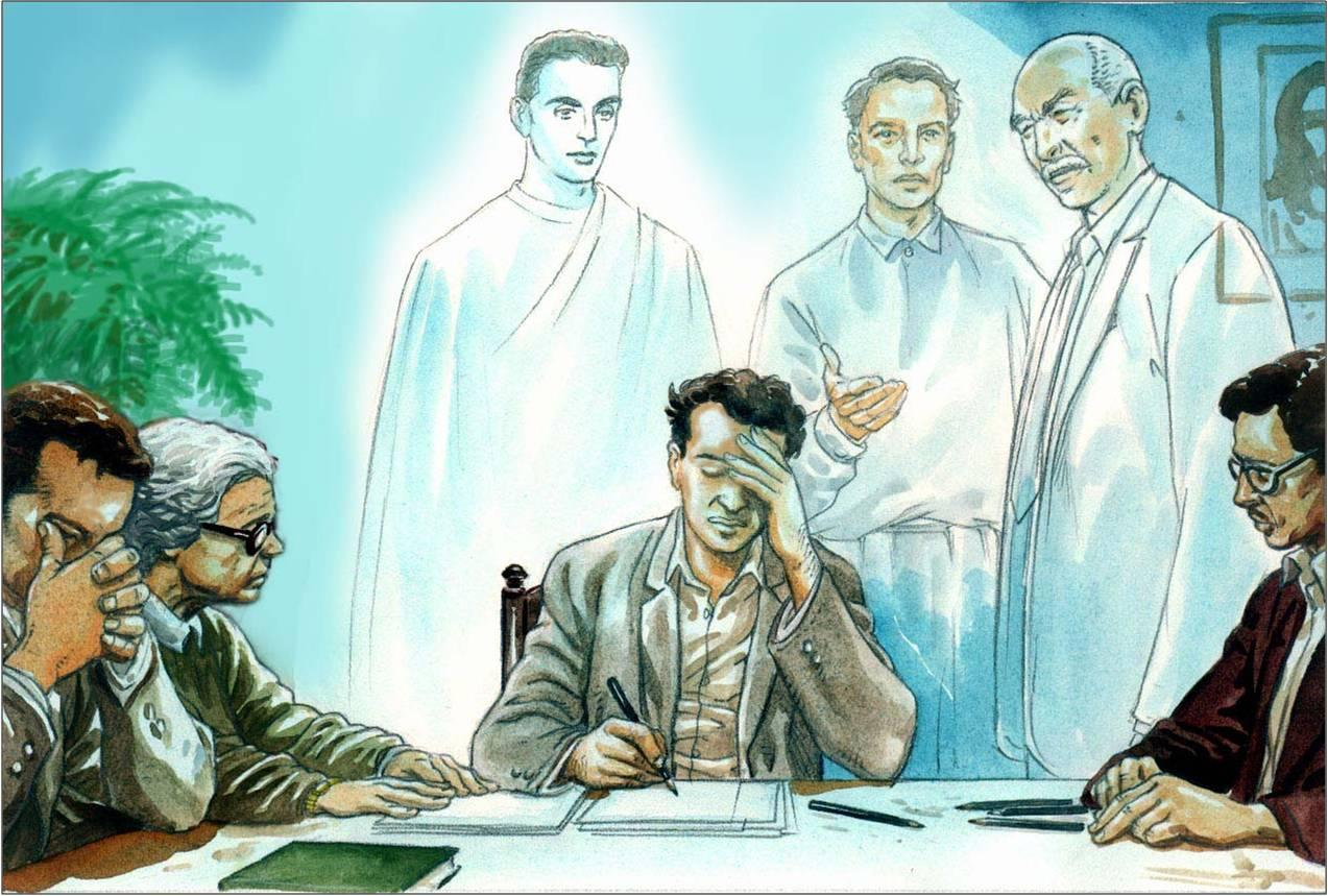 Mediumistic scene with a man writing with his eyes closed in the center, resting his forehead on his hand, while luminous spirits stand behind him guiding the work; around the table, other people watch silently and attentively.