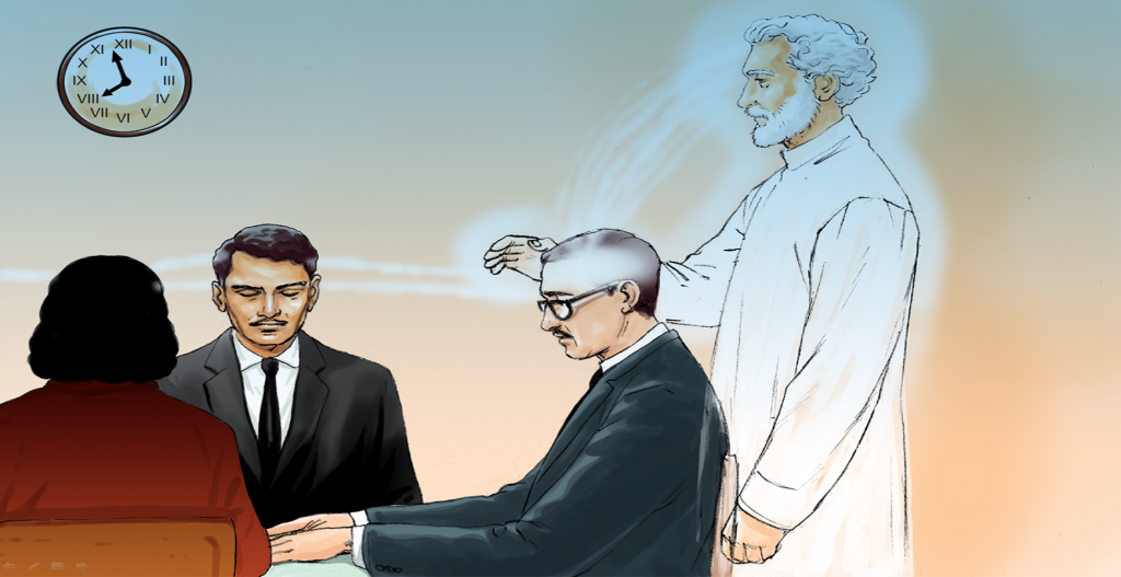 Mediumistic meeting at dusk with three seated participants, where a bespectacled medium receives a laying on of hands from a luminous spirit standing behind him, transmitting energy as a clock shows the time on the wall.