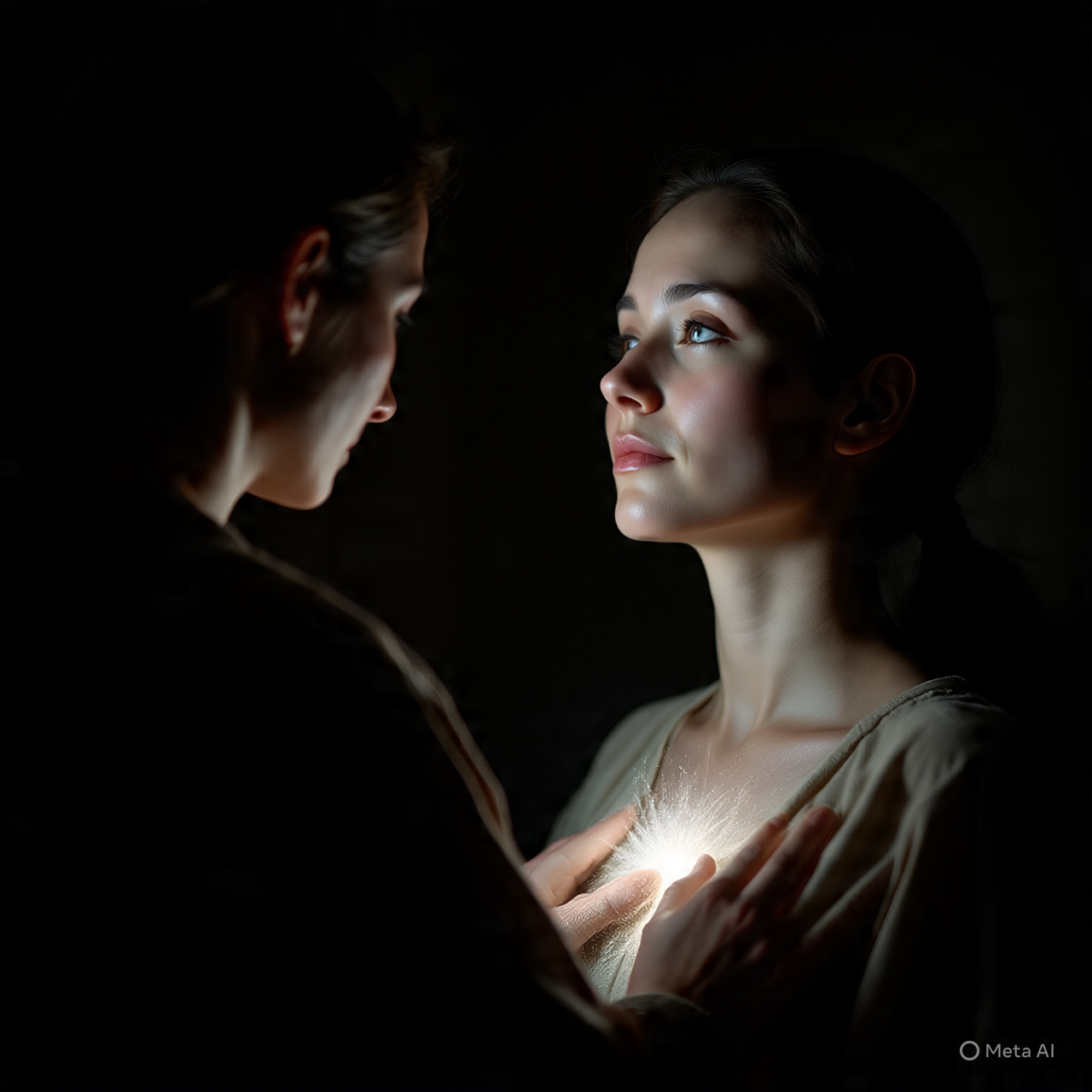 A person walking alone along a forest path at dawn, with golden rays of sunlight streaming through tall trees, creating a serene and spiritual atmosphere.