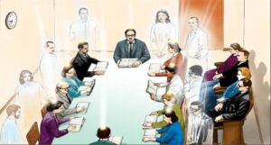 Group gathered around a long table during a mediumistic meeting, reading spiritual books, while several translucent spirits stand around them radiating light.