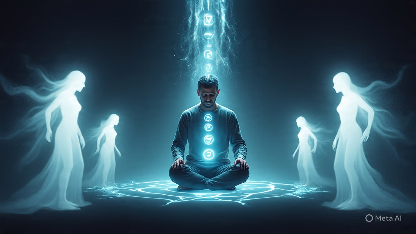 A medium in deep meditation, surrounded by translucent female spirit figures. Glowing spiritual symbols align vertically along his body, representing energy flow or spiritual connection. The atmosphere is ethereal and blue, evoking serenity and spiritual elevation.