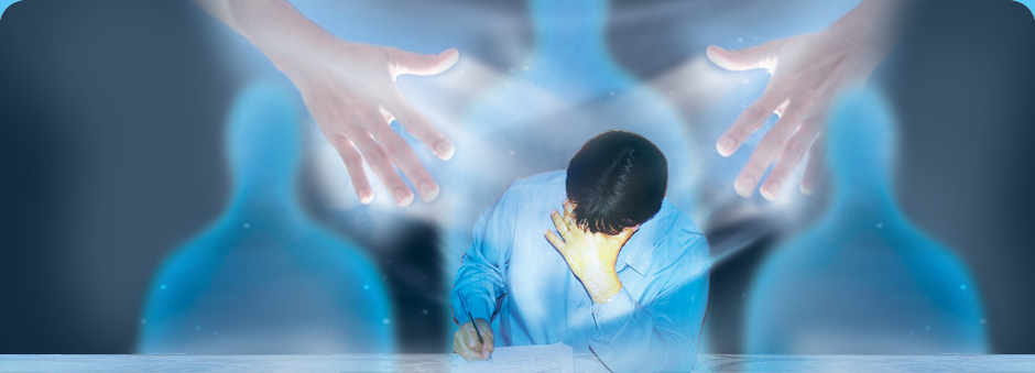 Man writing with a focused expression as spiritual hands and luminous silhouettes surround him, suggesting mediumistic influence.