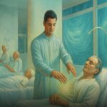 Spiritual illustration showing a young man performing energy healing (spiritual pass) on a bedridden patient, with hands extended over the man's chest, emitting light. In the background, other patients rest in a calm hospital-like setting, suggesting a spiritual realm of care and healing.