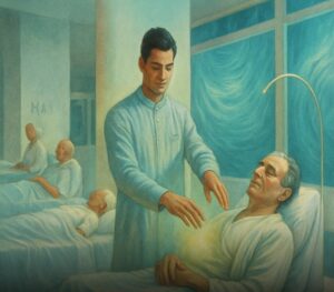 Spiritual illustration showing a young man performing energy healing (spiritual pass) on a bedridden patient, with hands extended over the man's chest, emitting light. In the background, other patients rest in a calm hospital-like setting, suggesting a spiritual realm of care and healing.