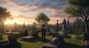 Man seen from behind, standing among graves and statues in a tree-lined cemetery at sunset, gazing toward the horizon in a reflective and melancholic mood.