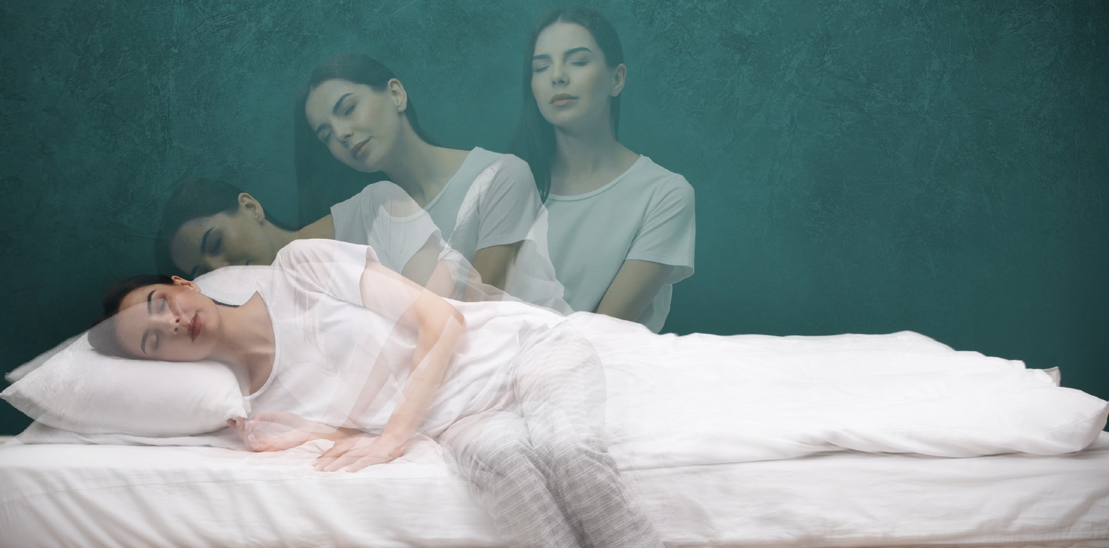 A woman lying on a bed with her eyes closed, depicted in multiple semi-transparent positions above her body, representing a somnambulistic state or an out-of-body experience.