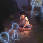 Illustration of childhood mediumship showing a boy playing with a toy car and dolls on the ground at night, surrounded by translucent spiritual figures of children and a woman watching.