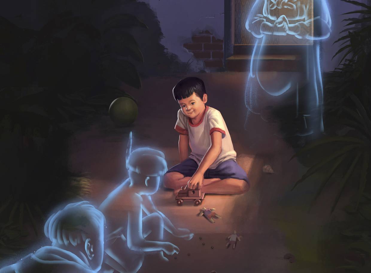 Illustration of childhood mediumship showing a boy playing with a toy car and dolls on the ground at night, surrounded by translucent spiritual figures of children and a woman watching.