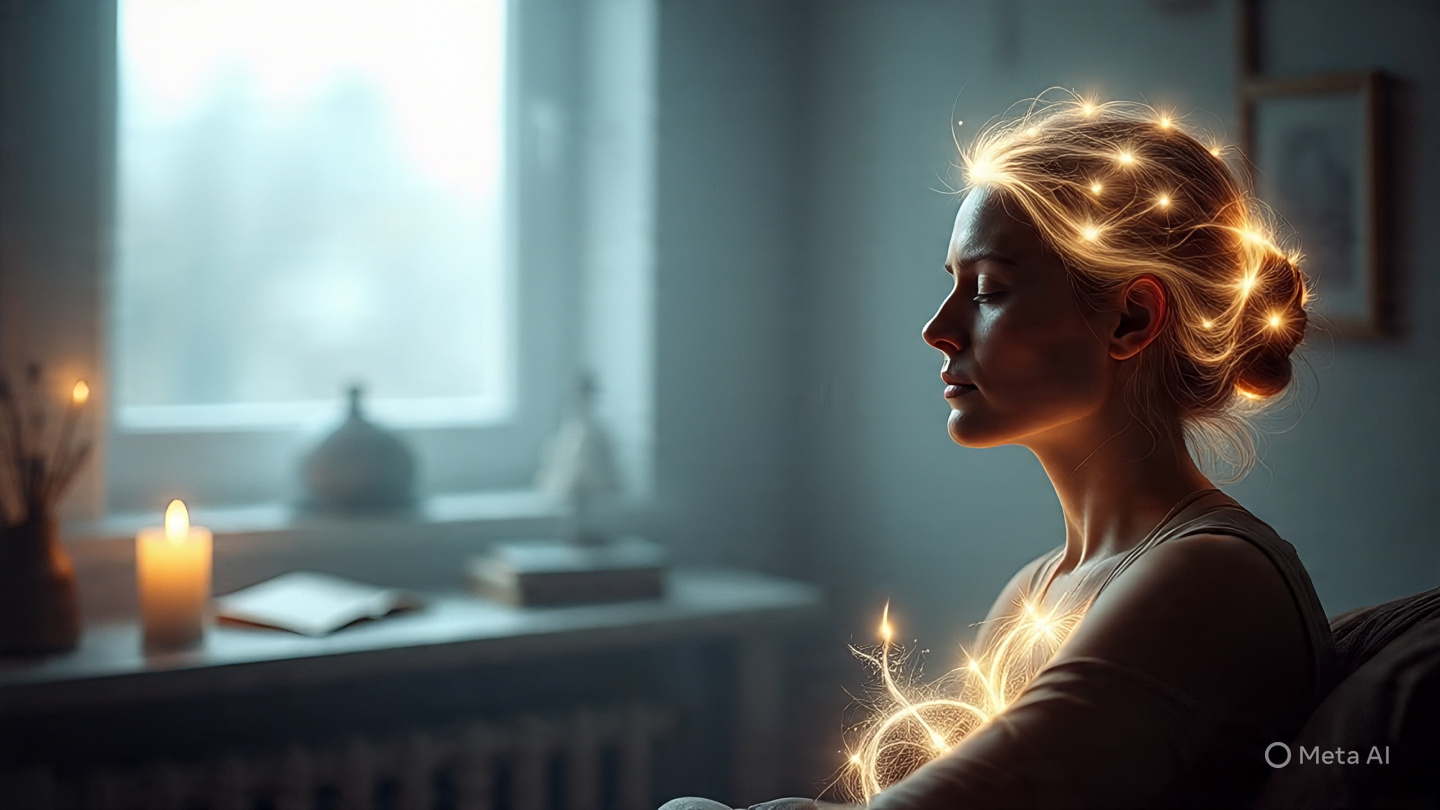 Artistic scene of a woman meditating in a softly lit room, with her eyes closed and an expression of inner peace. Golden lights flow through her hair and chest, symbolizing spiritual energy and intuitive connection.