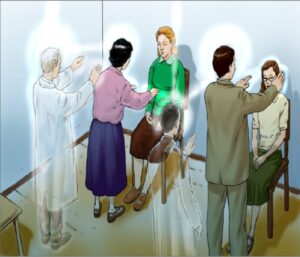 Scene of a spiritual healing pass, with mediums and spirits working together to transmit healing energies to two seated individuals, surrounded by subtle lights.